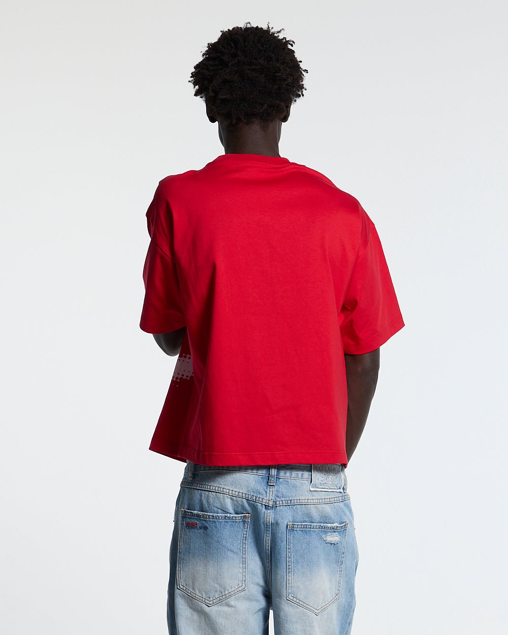 OOPS! TEE RED - red graphic print tee, back view on male model - Cold Culture