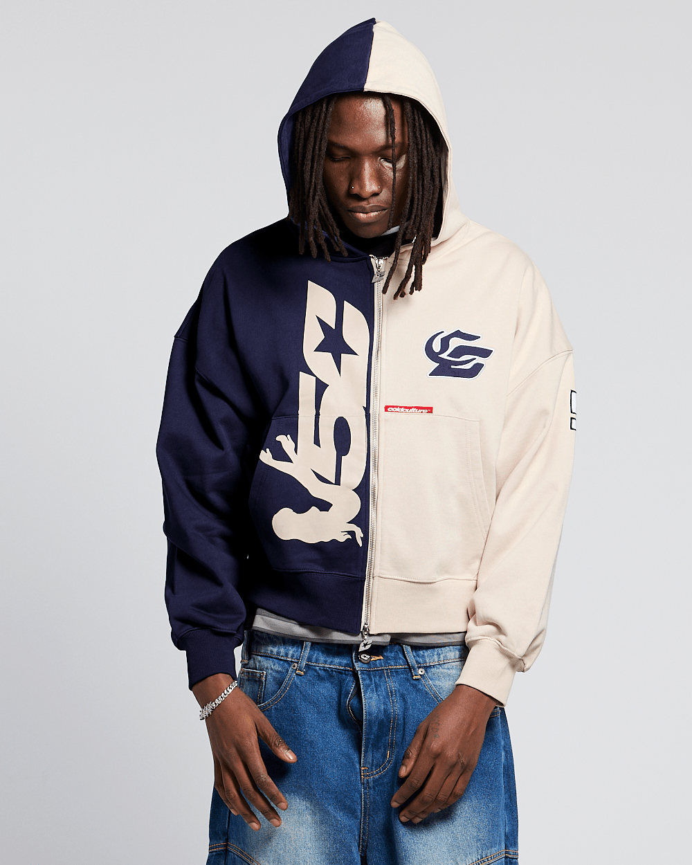 OUTLAW MOOD ZIP HOODIE IVORY GREY & DARK BLUE - Cold Culture