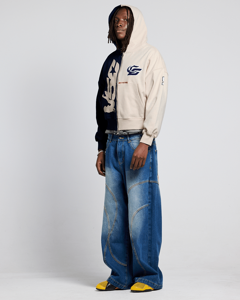 OUTLAW MOOD ZIP HOODIE IVORY GREY & DARK BLUE - Cold Culture