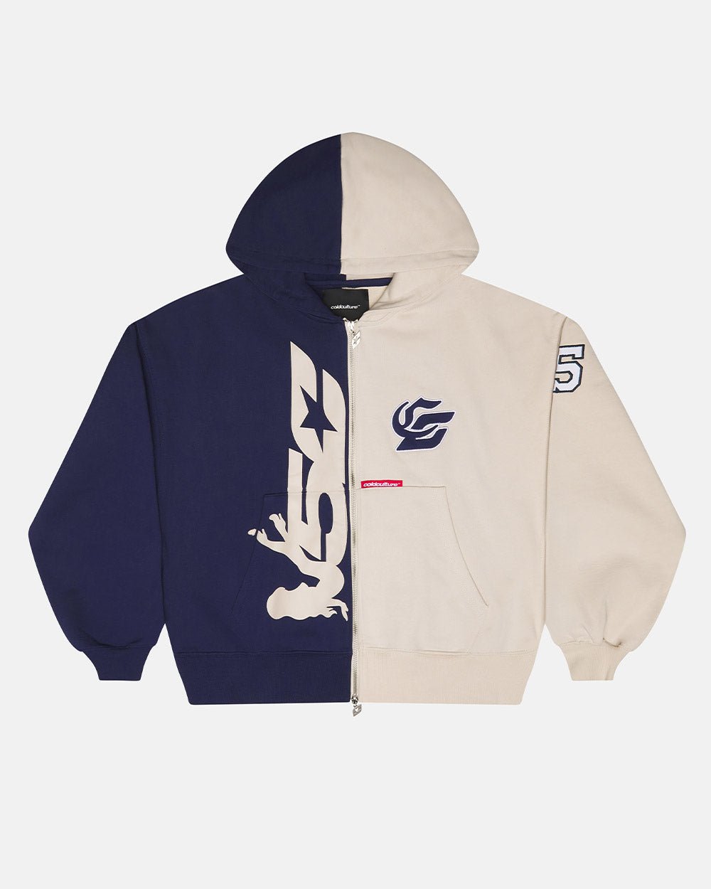 OUTLAW MOOD ZIP HOODIE IVORY GREY & DARK BLUE - Cold Culture