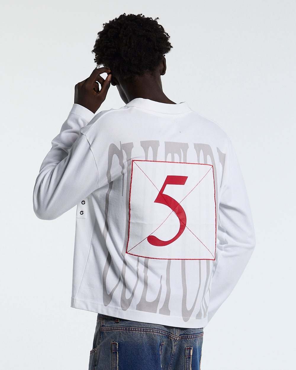PAUSE LONGSLEEVE POLO WHITE - white graphic longsleeve polo shirt, back view on male model - Cold Culture