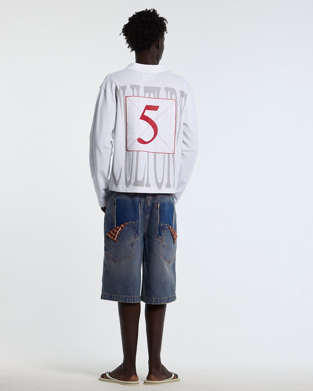 PAUSE LONGSLEEVE POLO WHITE - white graphic longsleeve polo shirt, back view on male model - Cold Culture