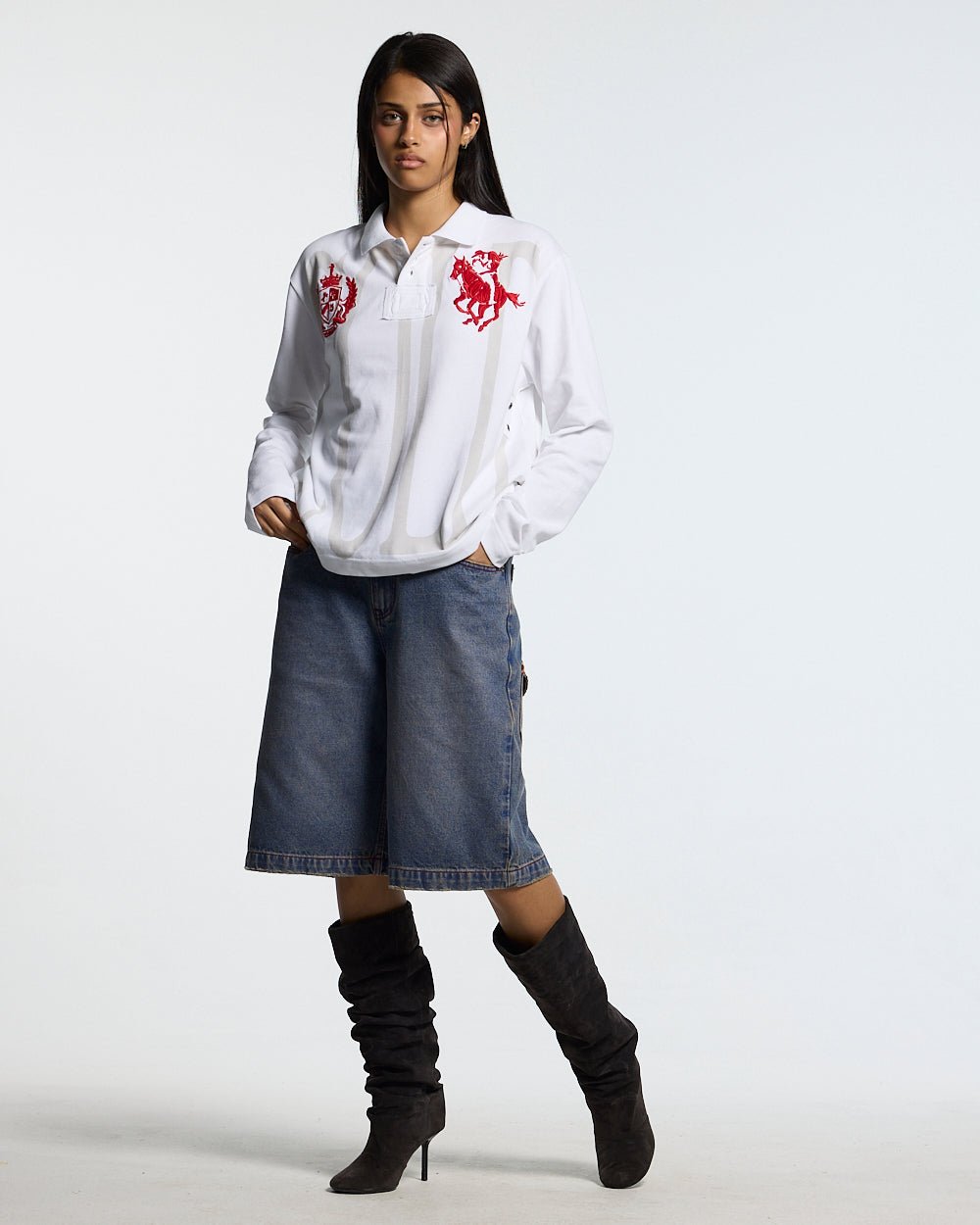 PAUSE LONGSLEEVE POLO WHITE - white graphic longsleeve polo shirt, front view on female model - Cold Culture