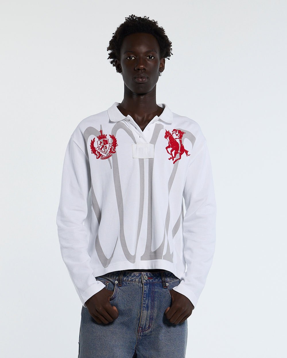 PAUSE LONGSLEEVE POLO WHITE - white graphic longsleeve polo shirt, front view on male model - Cold Culture