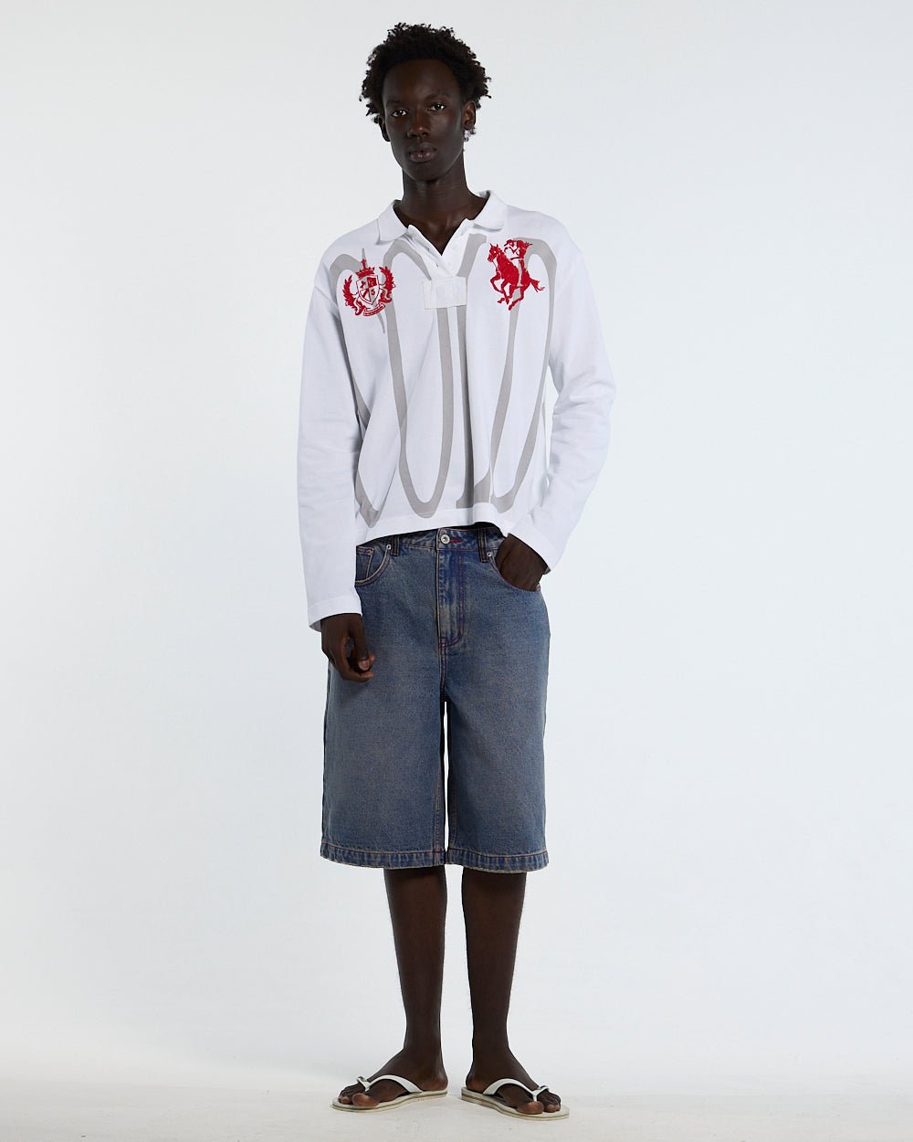 PAUSE LONGSLEEVE POLO WHITE - white graphic longsleeve polo shirt, front view on male model - Cold Culture