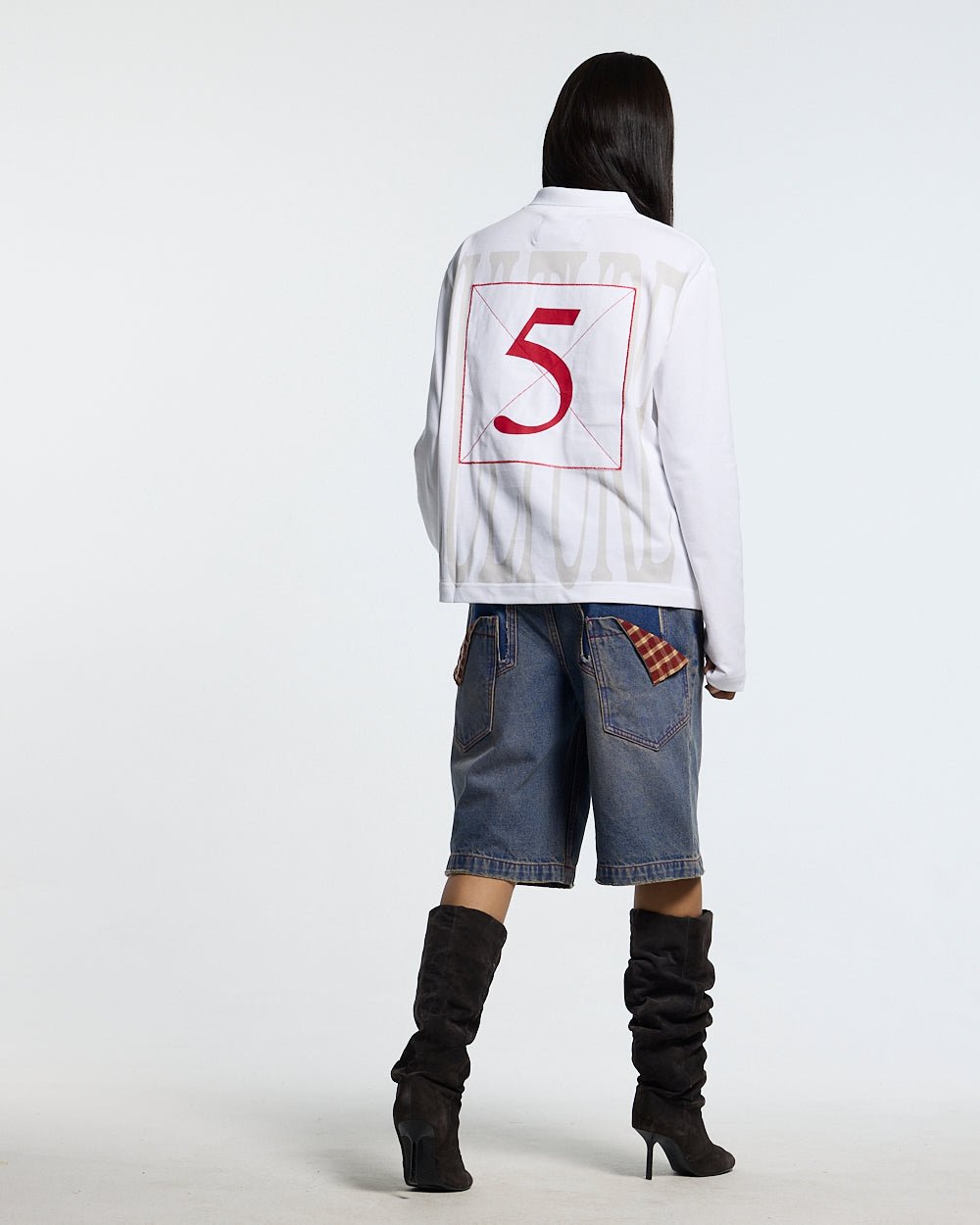 PAUSE LONGSLEEVE POLO WHITE - white graphic longsleeve polo shirt, back view on female model - Cold Culture