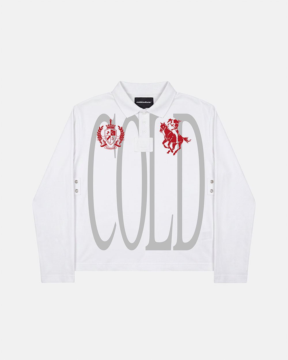 PAUSE LONGSLEEVE POLO WHITE - white graphic longsleeve polo shirt, front view - Cold Culture