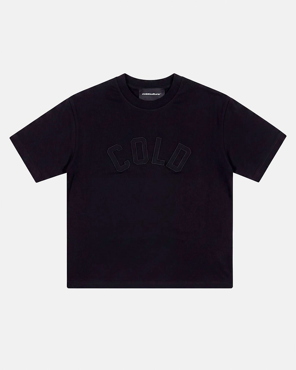 PIECES TEE BLACK - black applique tee, front view - Cold Culture