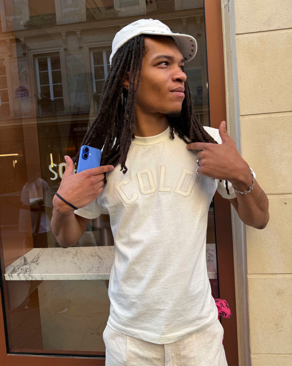 PIECES TEE OFF-WHITE - off-white applique tee, street style shot - Cold Culture