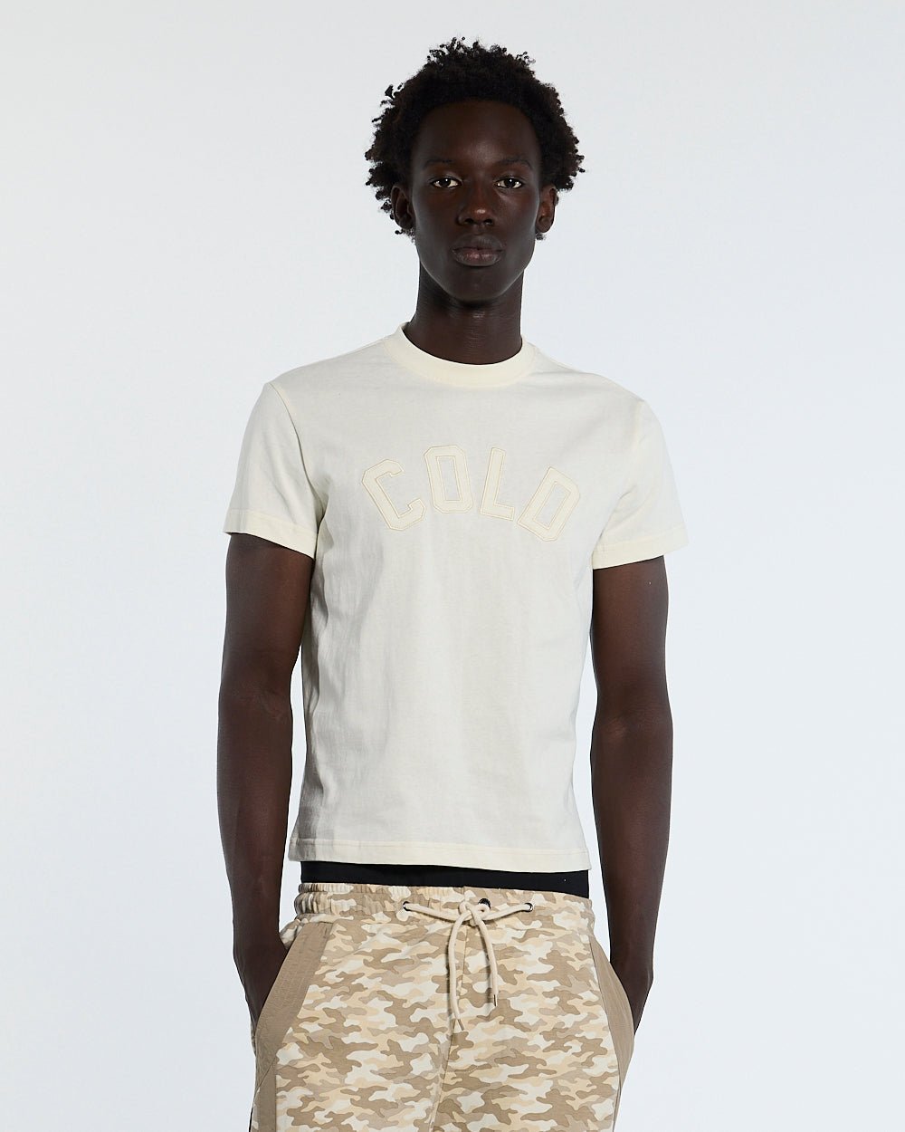 PIECES TEE OFF-WHITE - off-white applique tee, front view on male model - Cold Culture