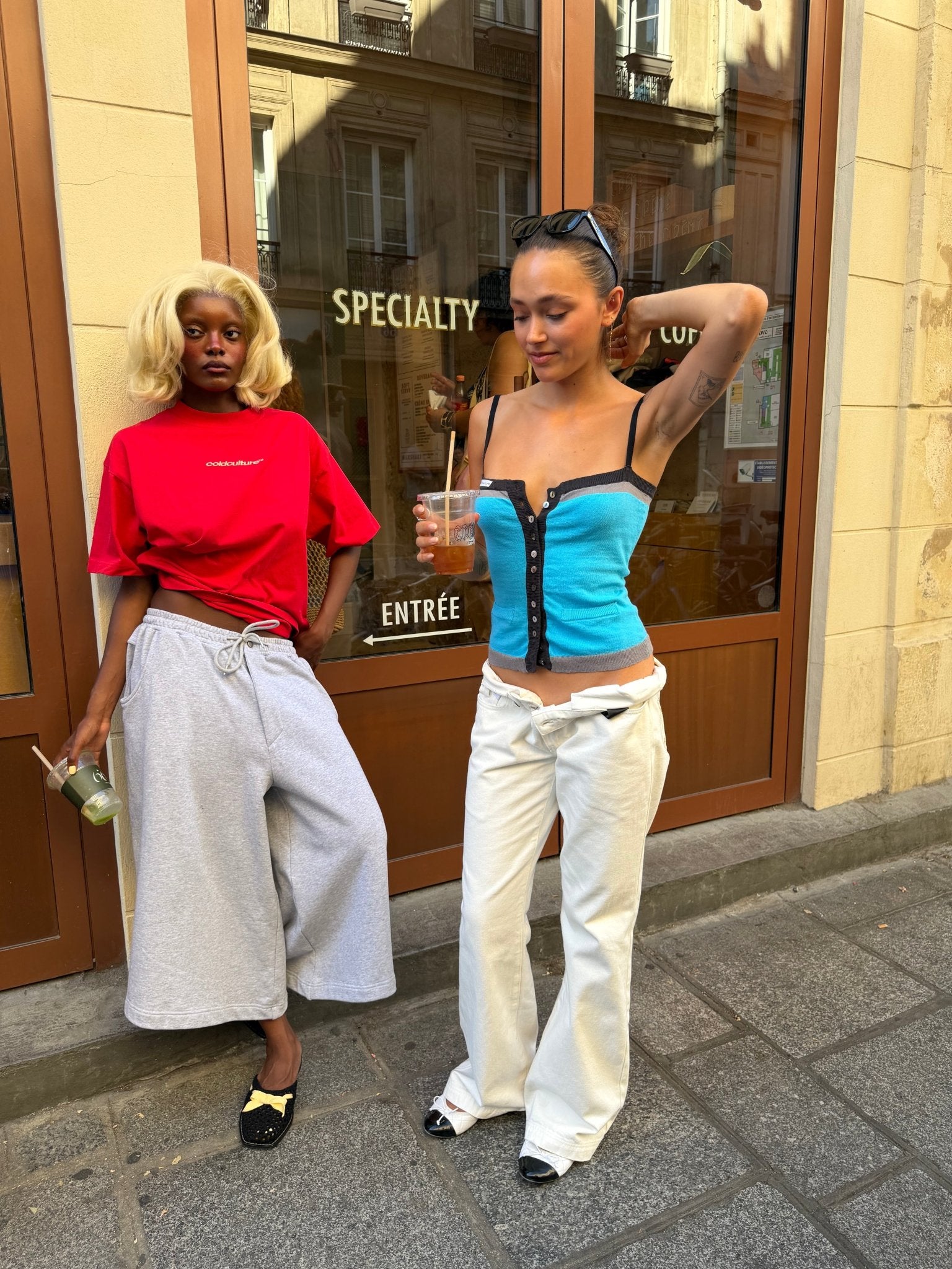 PIPE KNIT TOP BLUE - blue knit cami top, street style shot - Cold Culture