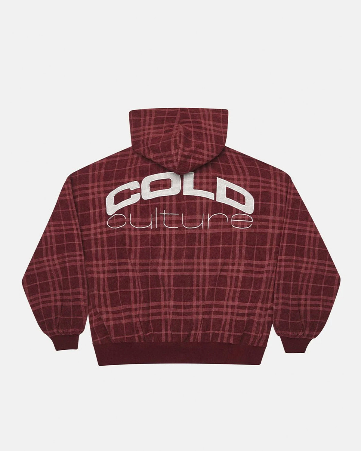 POSH ZIP HOODIE BURGUNDY - burgundy plaid zip-up hoodie, back view - Cold Culture #packshot