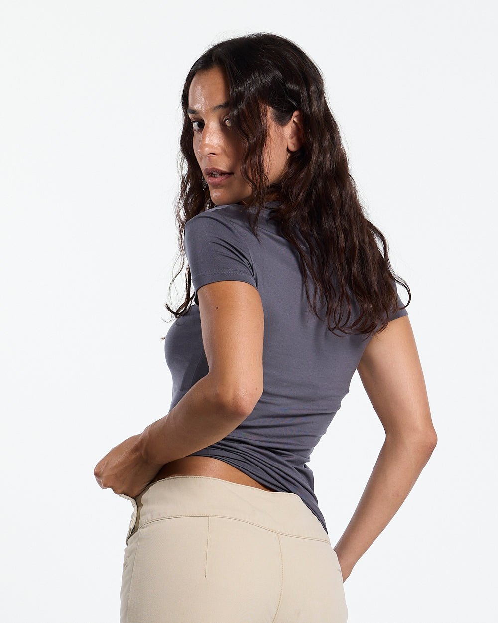 POSTAL BABY TEE GREY - grey graphic print baby tee, back view on female model - Cold Culture