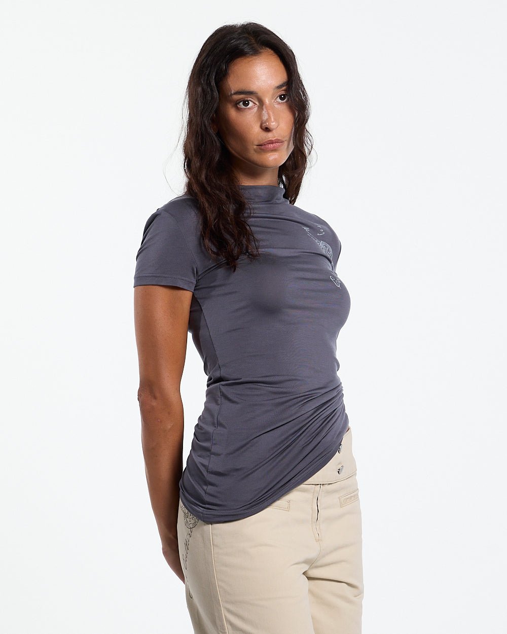 POSTAL BABY TEE GREY - grey graphic print baby tee, front view on female model - Cold Culture