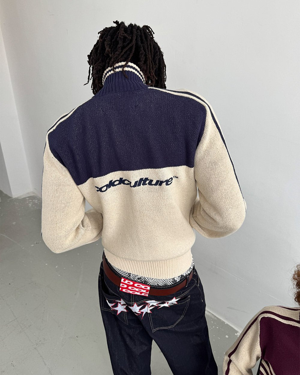 POWERLINE ZIP KNIT BEIGE & DARK BLUE - Cold Culture