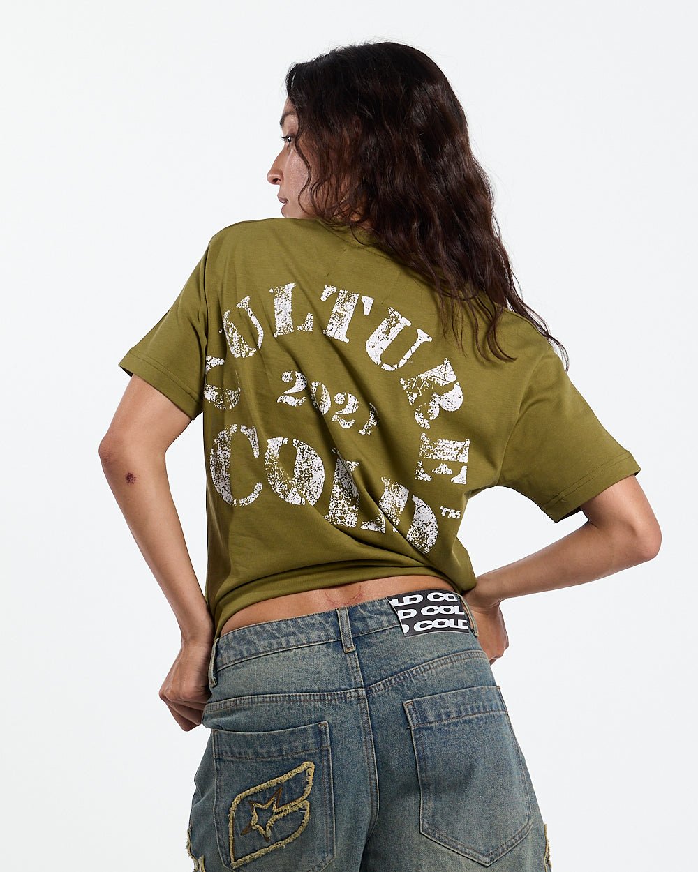 PUMPING TEE GREEN - olive green graphic print tee, back view on female model - Cold Culture