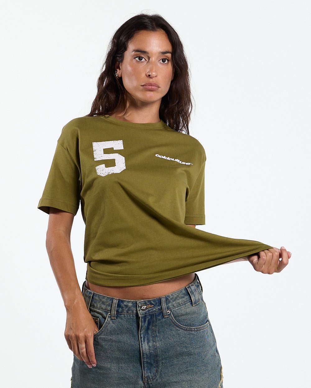PUMPING TEE GREEN - olive green graphic print tee, front view on female model - Cold Culture #woman