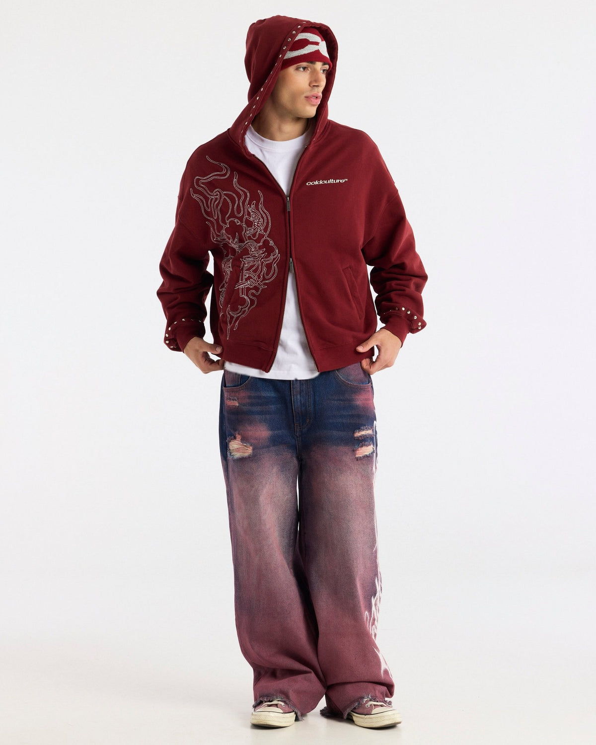 RAW ZIP HOODIE RED - Cold Culture