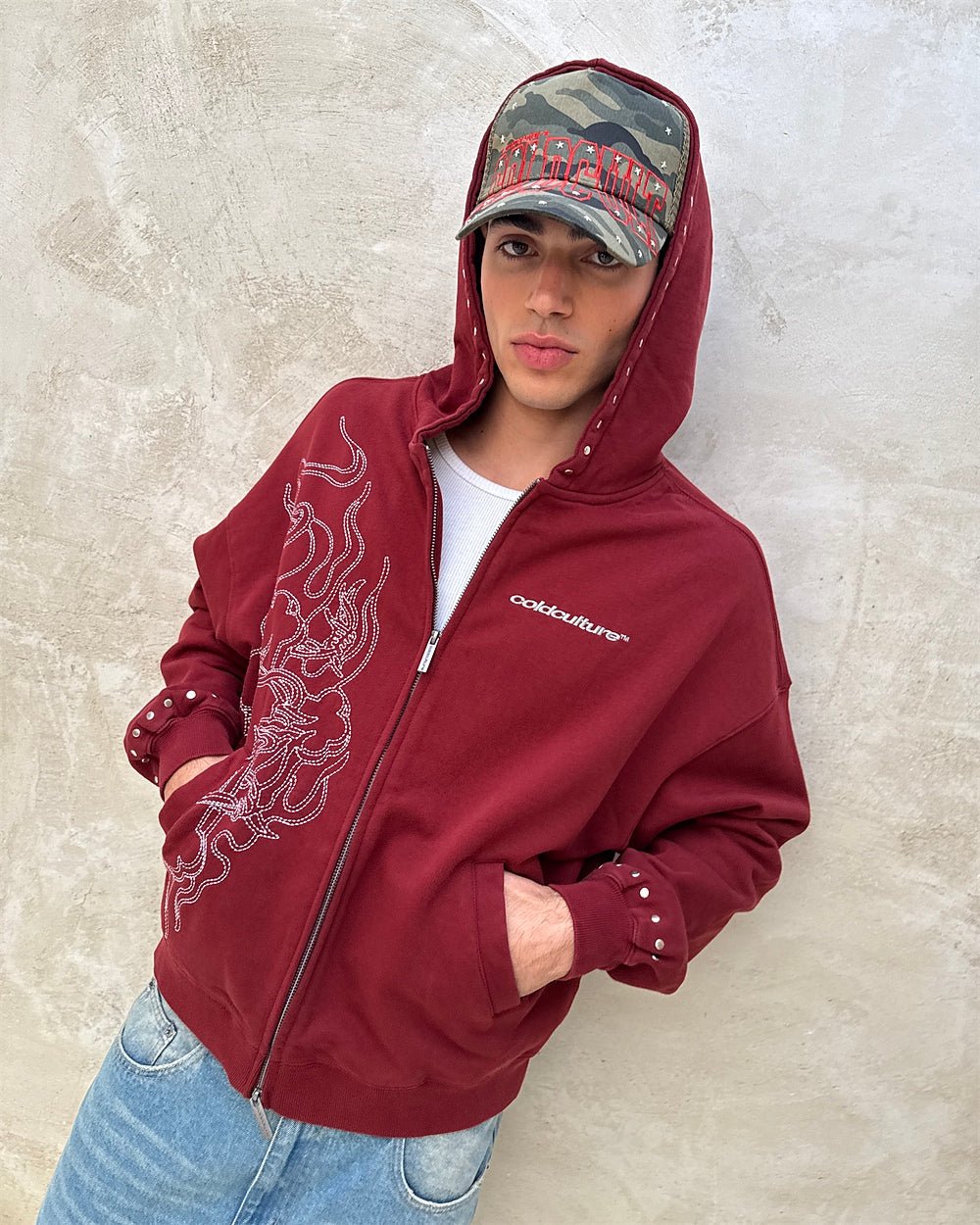 RAW ZIP HOODIE RED - Cold Culture