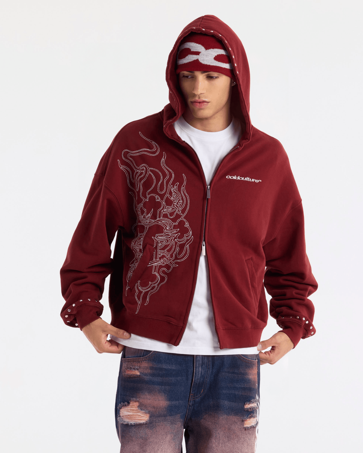 RAW ZIP HOODIE RED - Cold Culture