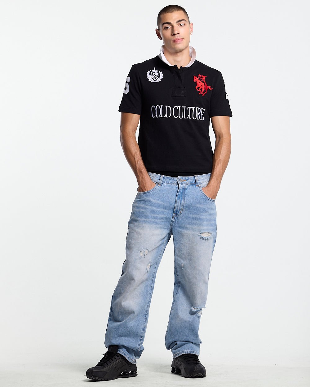 RIDING CLUB POLO BLACK - black embroidered polo shirt, front view on male model - Cold Culture