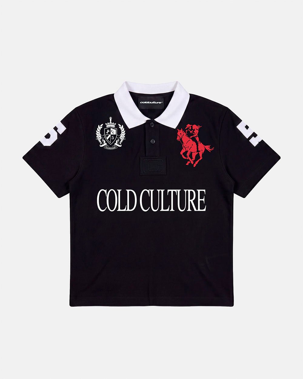 RIDING CLUB POLO BLACK - black embroidered polo shirt, front view - Cold Culture