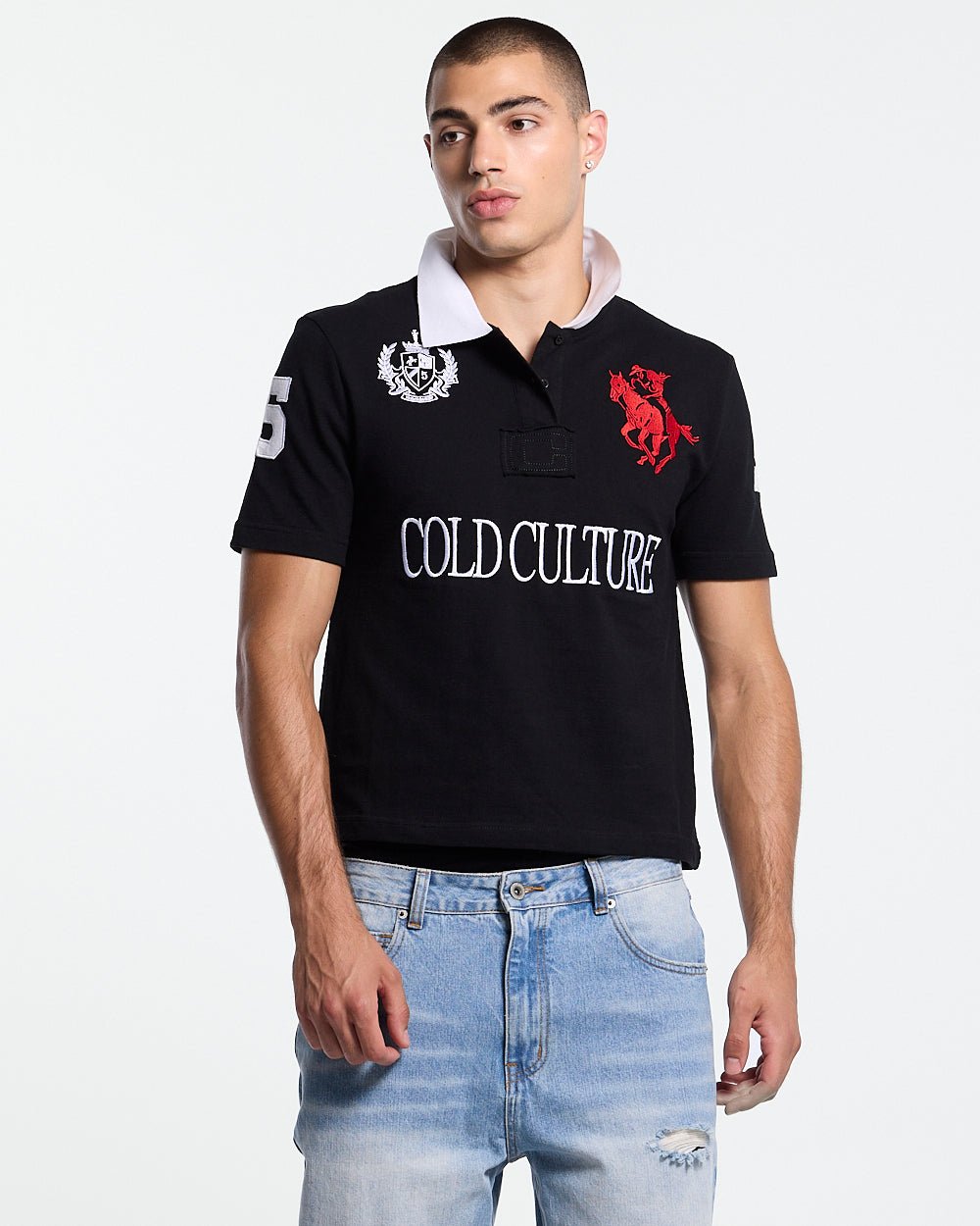 RIDING CLUB POLO BLACK - black embroidered polo shirt, front view on male model - Cold Culture