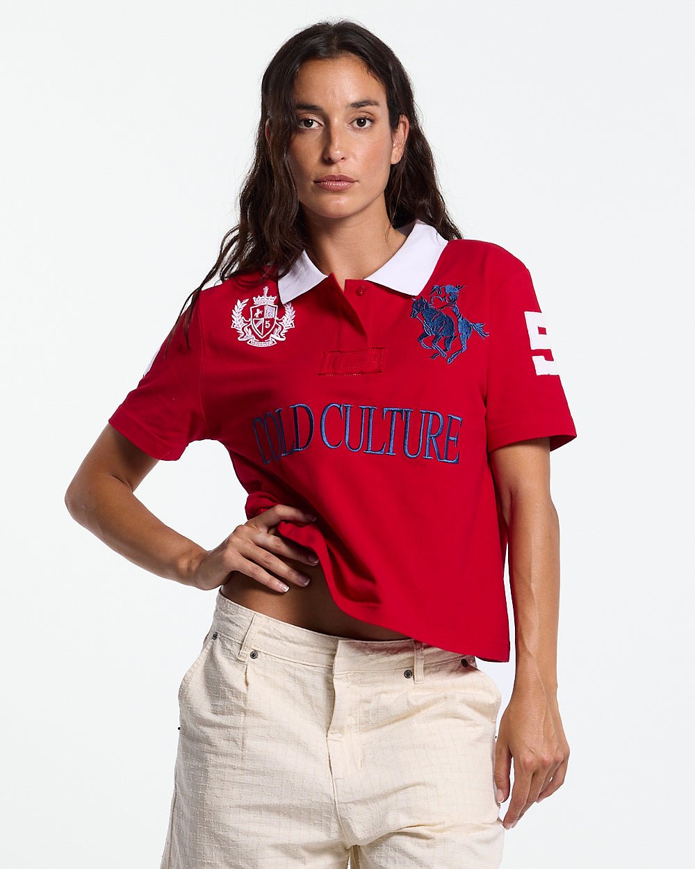 RIDING CLUB POLO RED - red embroidered polo shirt, front view on female model - Cold Culture #woman