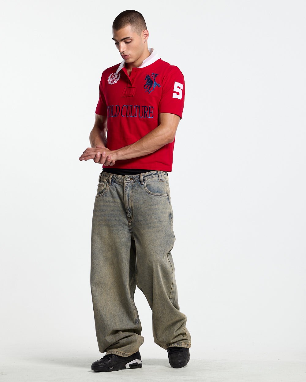 RIDING CLUB POLO RED - red embroidered polo shirt, front view on male model - Cold Culture