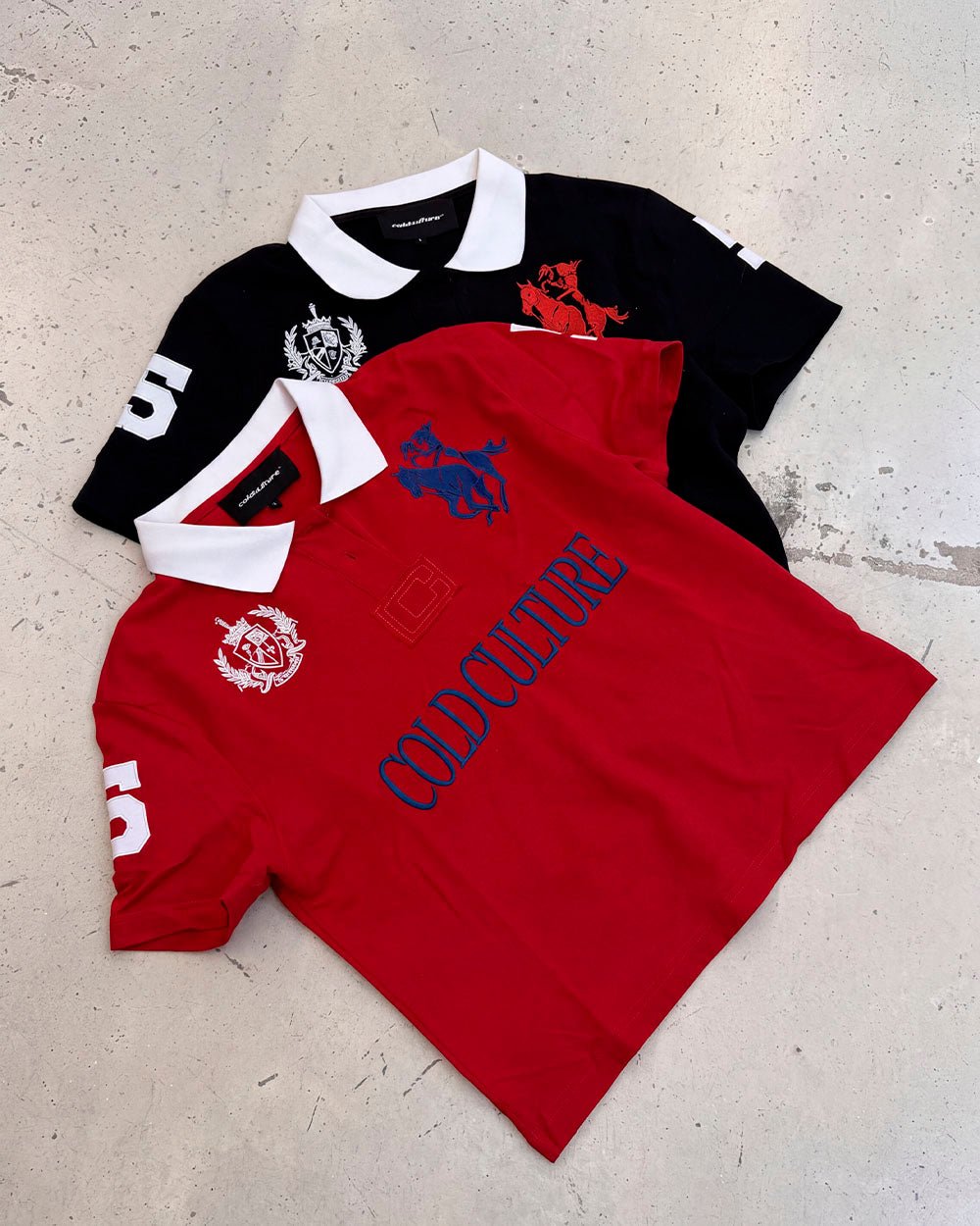 RIDING CLUB POLO RED - red embroidered polo shirt, flat lay - Cold Culture
