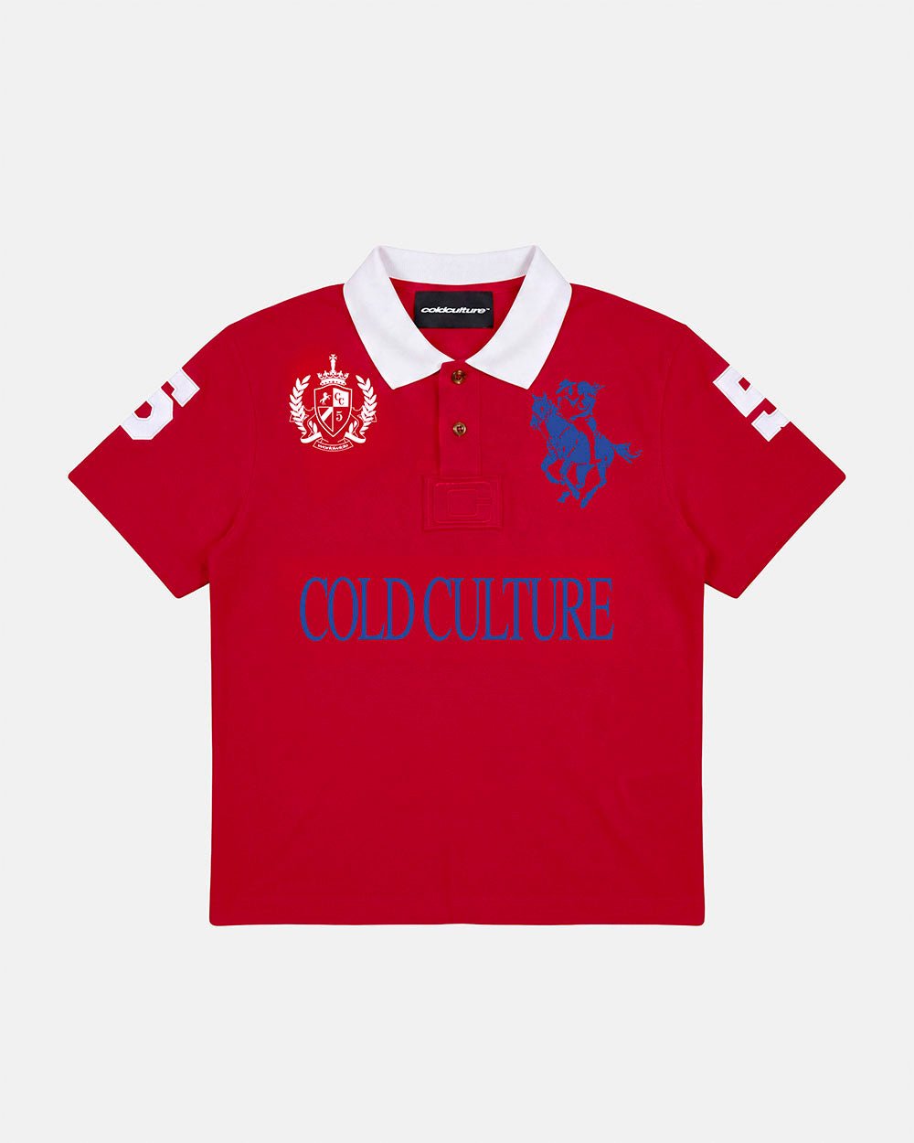 RIDING CLUB POLO RED - red embroidered polo shirt, front view - Cold Culture