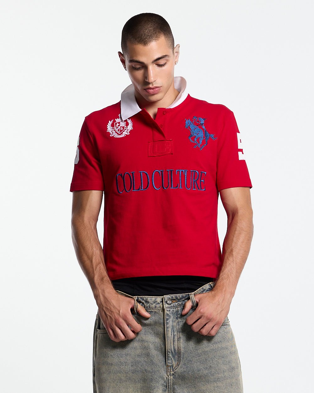 RIDING CLUB POLO RED - red embroidered polo shirt, front view on male model - Cold Culture