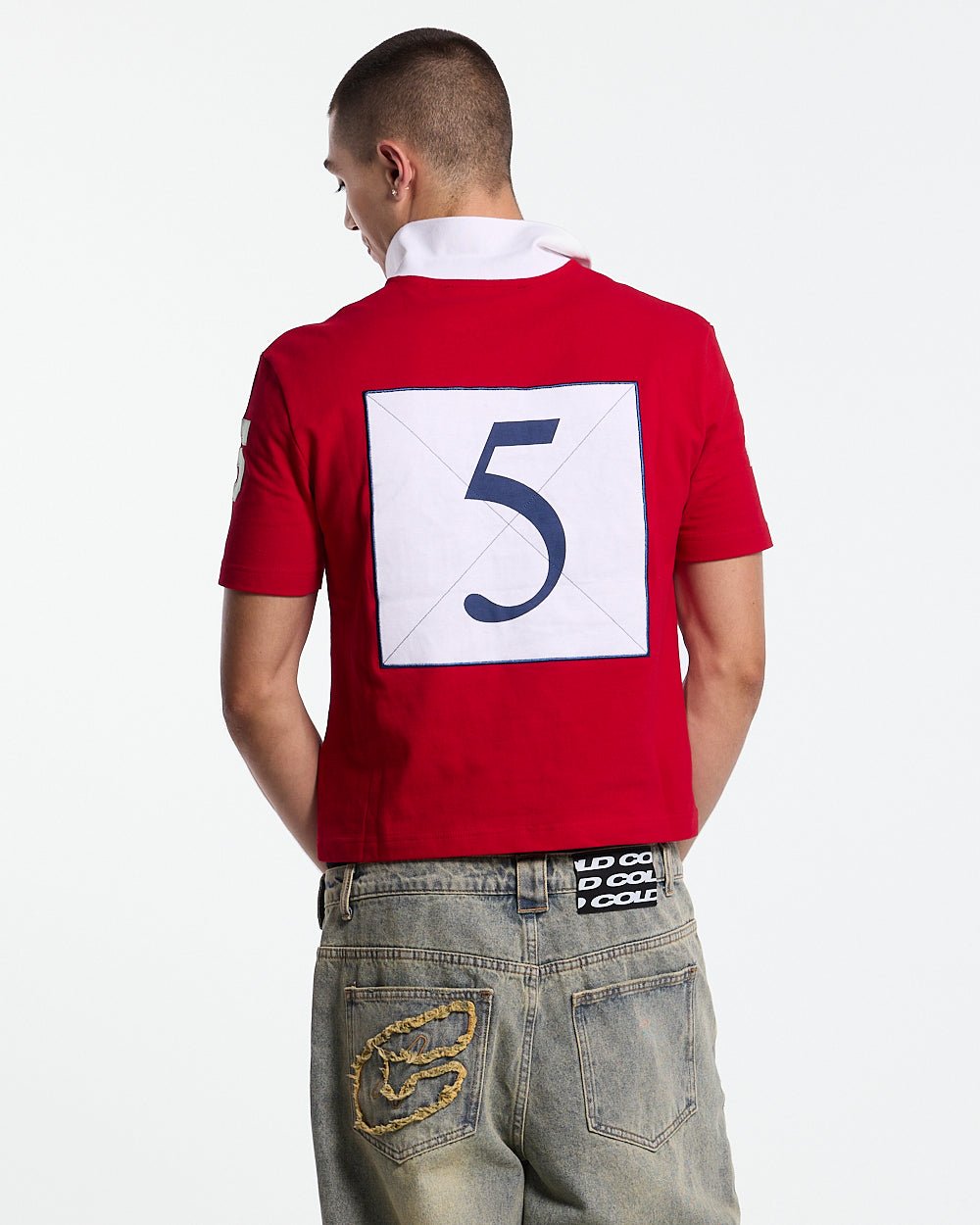RIDING CLUB POLO RED - red embroidered polo shirt, back view on male model - Cold Culture