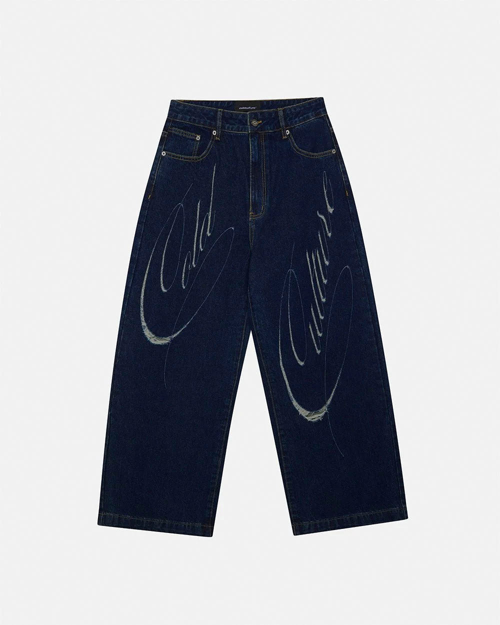 SCRIPT V3 PANTS RAW DENIM - dark blue baggy denim pants, front view - Cold Culture #packshot