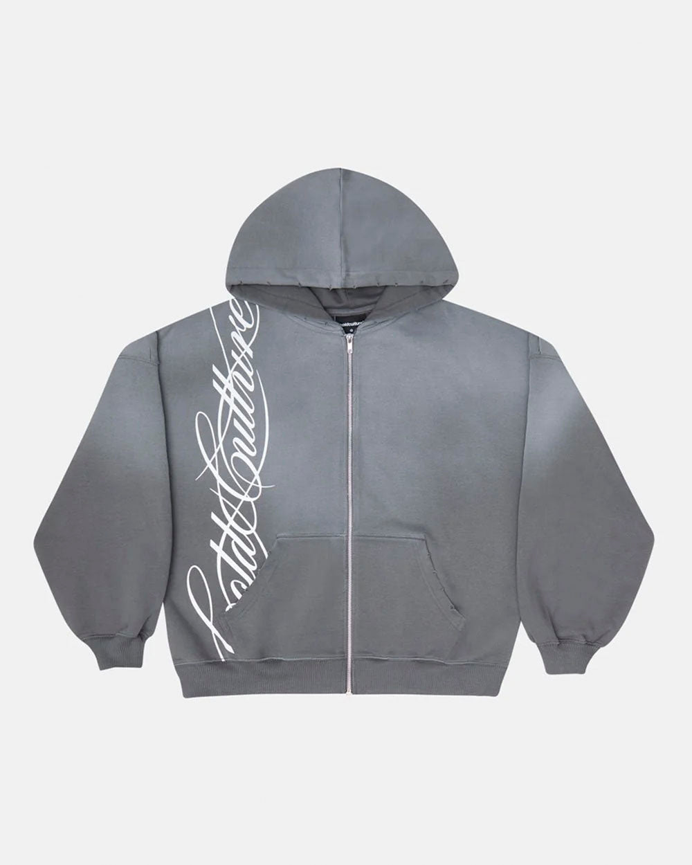 SCRIPT ZIP HOODIE ANTRACITE GREY - dark grey script print zip hoodie, front view - Cold Culture #packshot