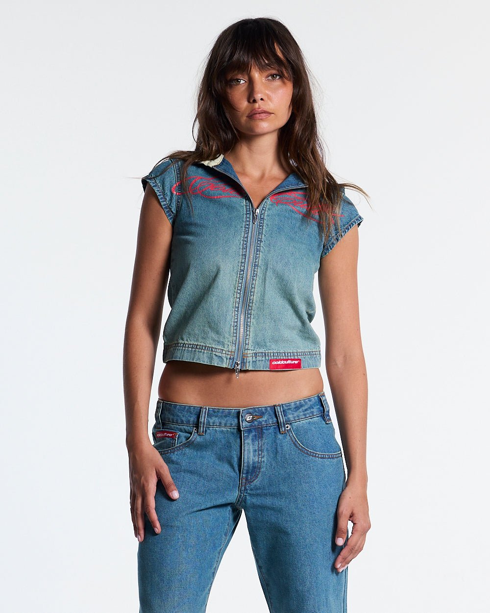 SIGHT ZIP BABY TEE DENIM - washed denim zip tee, front view on female model - Cold Culture