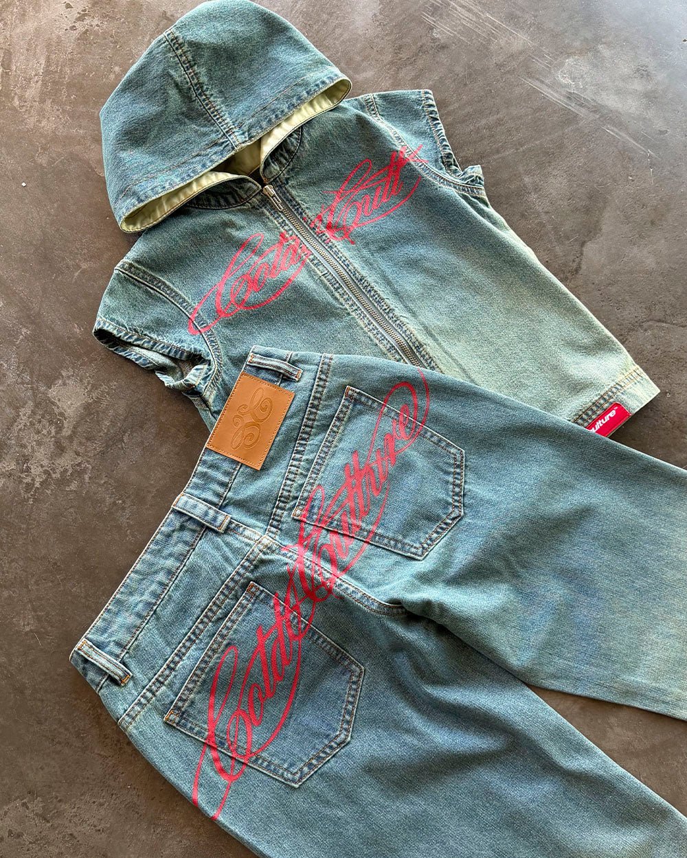 SIGHT ZIP BABY TEE DENIM - washed denim zip tee, flat lay with matching pieces - Cold Culture