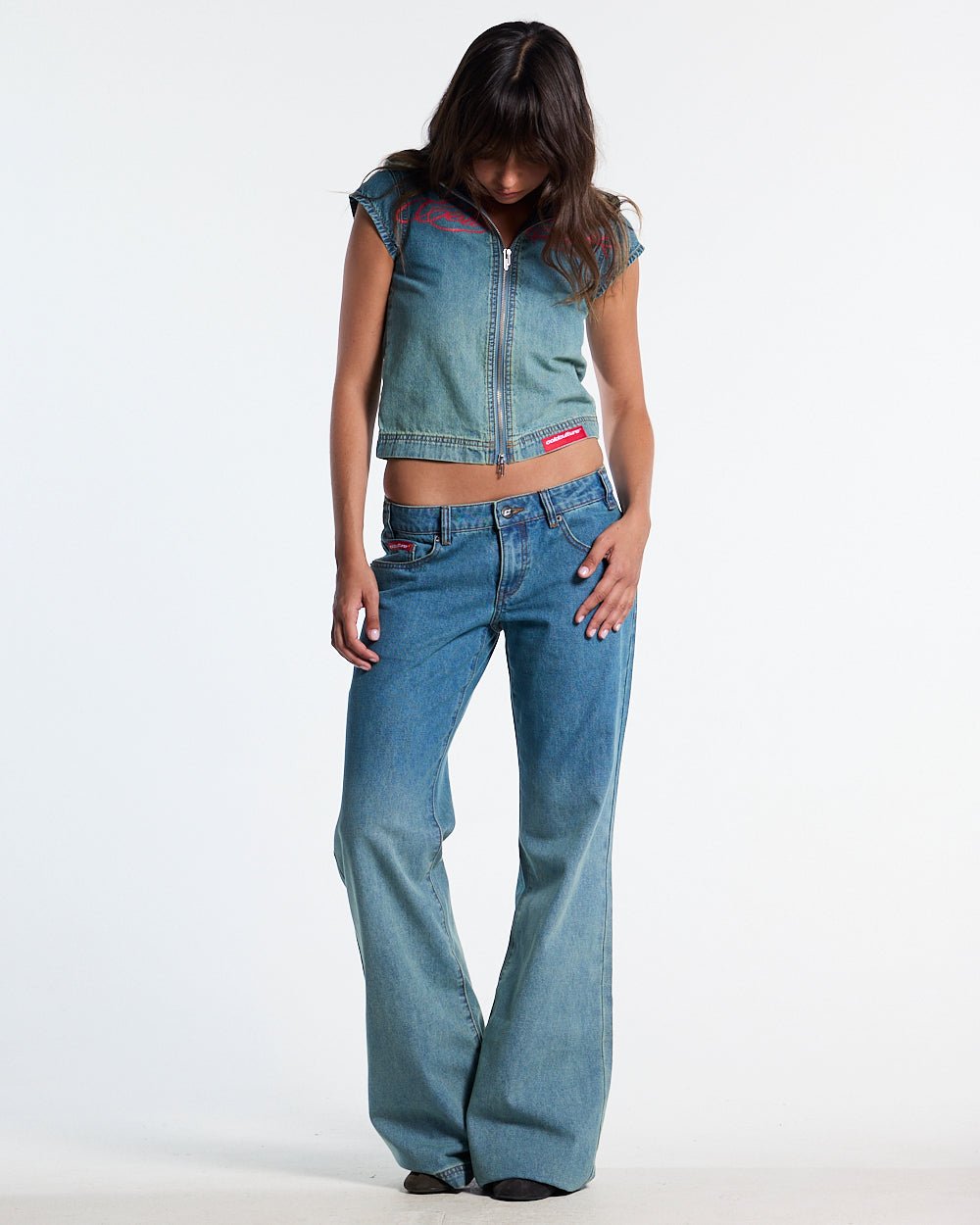 SIGHT ZIP BABY TEE DENIM - washed denim zip tee, front view on female model - Cold Culture