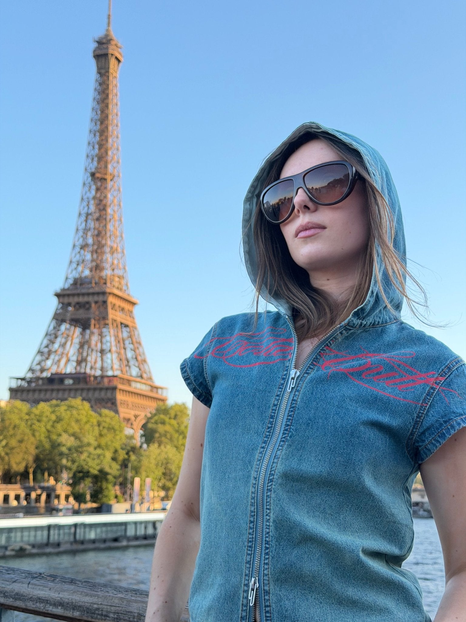 SIGHT ZIP BABY TEE DENIM - washed denim zip tee, street style shot - Cold Culture