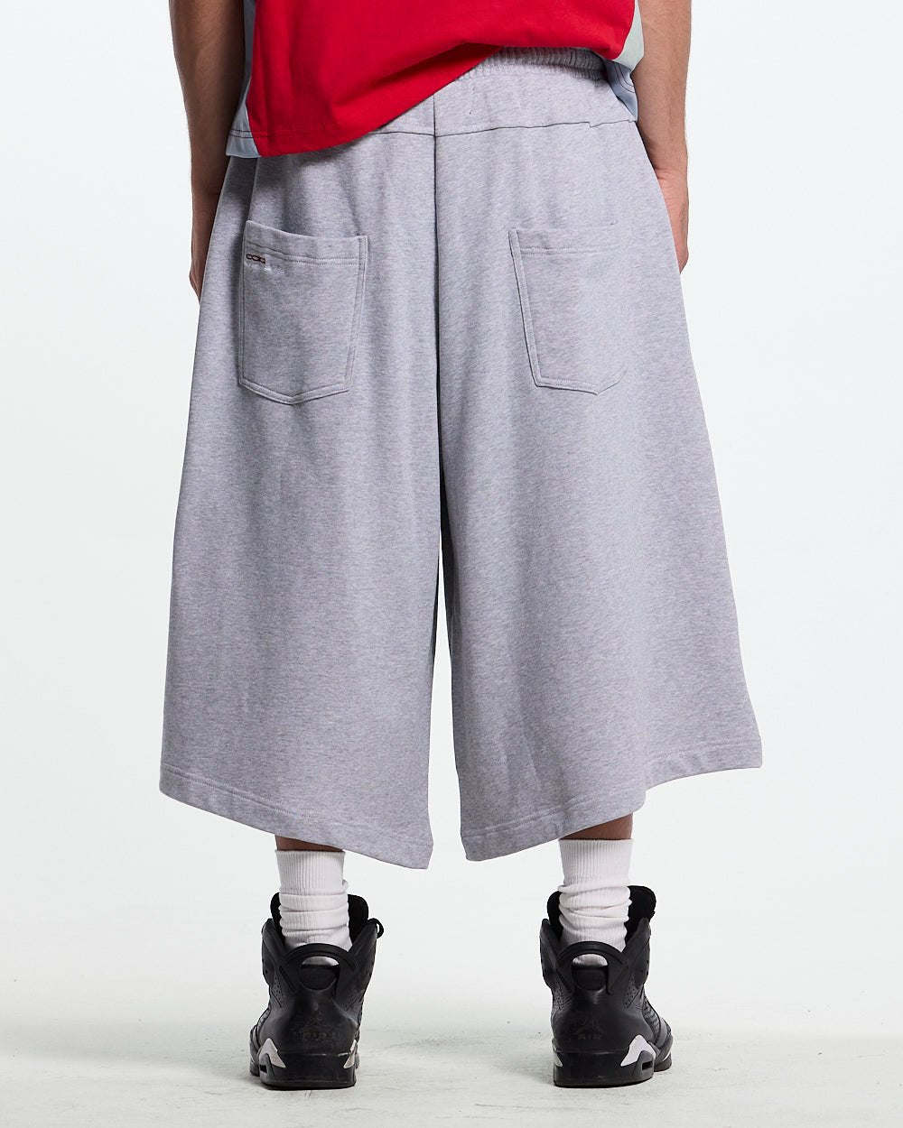 SNAPPED V2 JORTS HEATHER GREY - heather grey oversized sweat shorts, back view on male model - Cold Culture