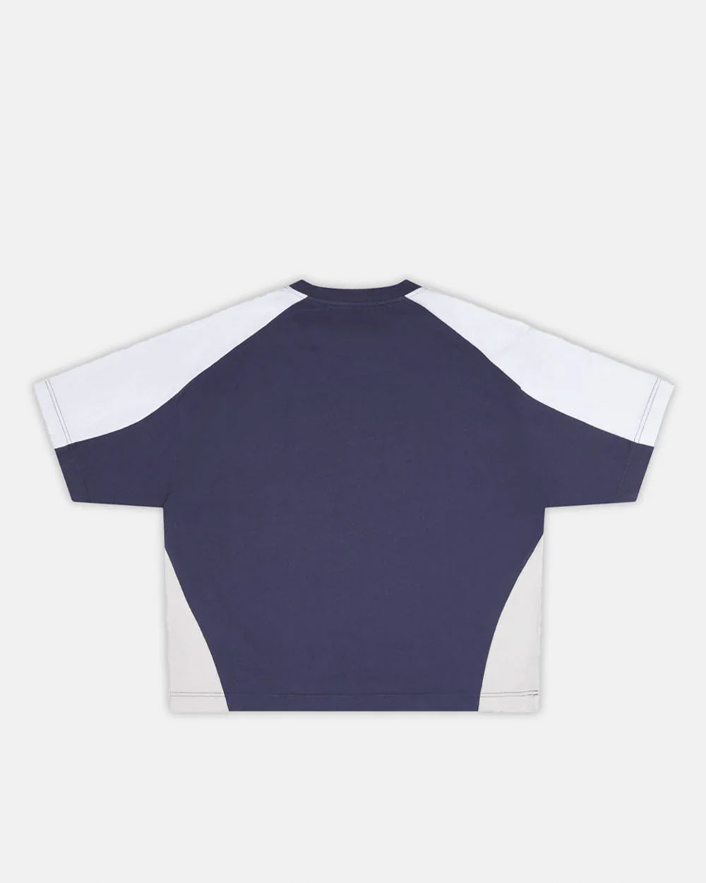 SPEED SPOKE TEE BLUE - navy and white panelled tee, back view - Cold Culture #packshot