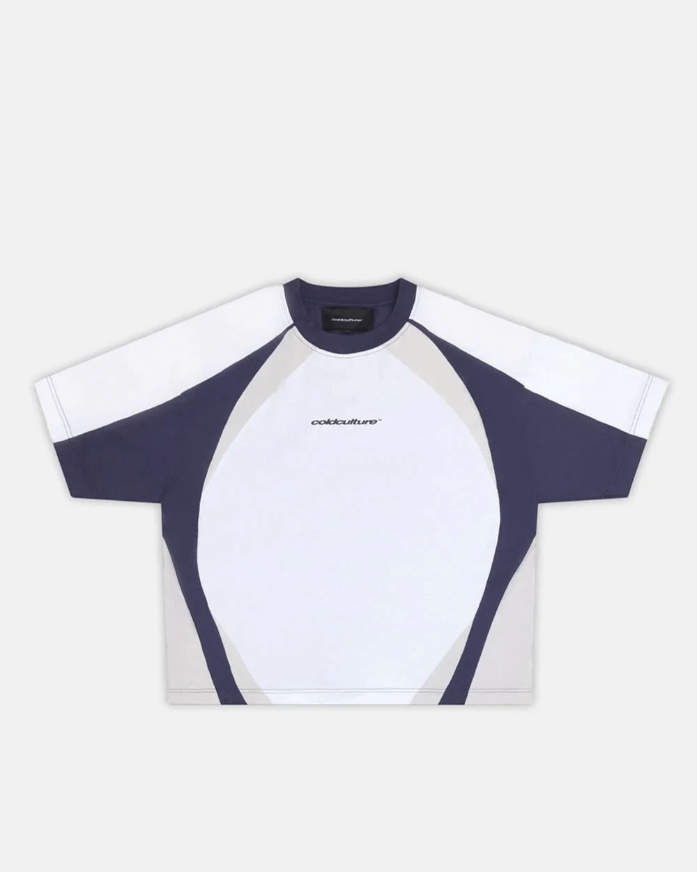SPEED SPOKE TEE BLUE - navy and white panelled tee, front view - Cold Culture #packshot