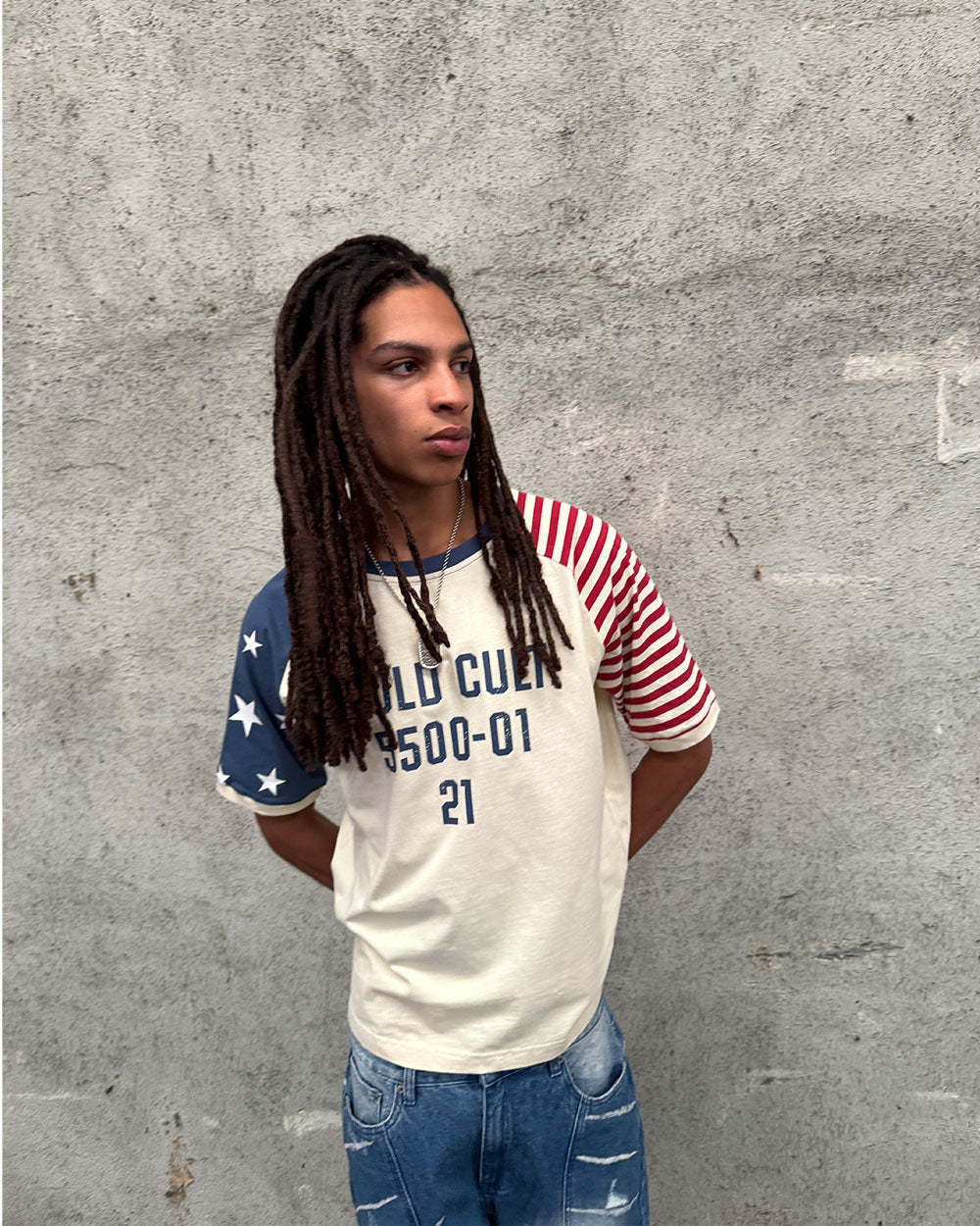 STARRY NIGHT TEE WHITE - white american flag tee, front view on male model - Cold Culture