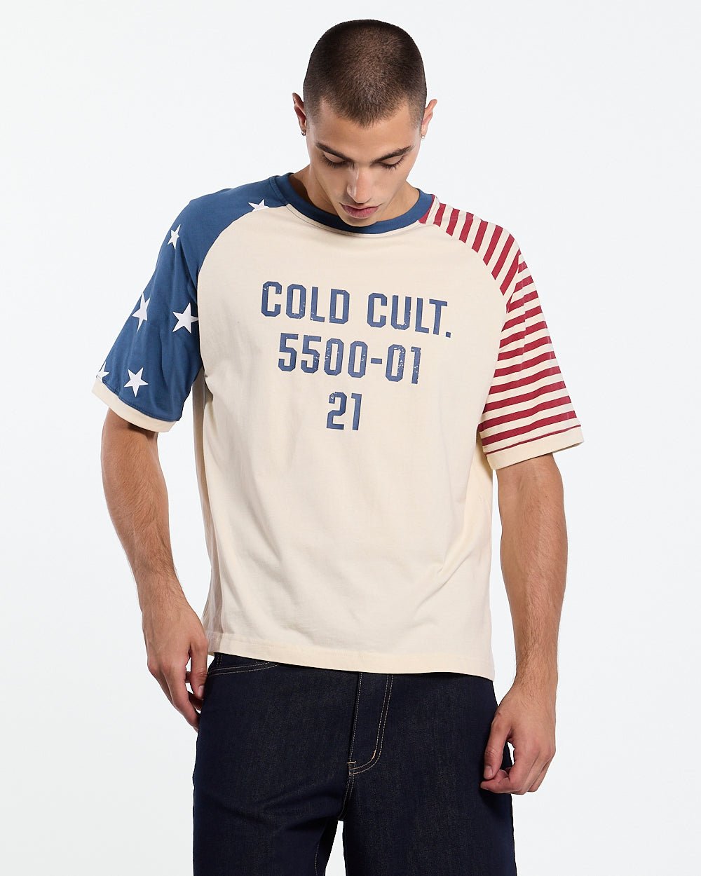 STARRY NIGHT TEE WHITE - white american flag tee, front view on male model - Cold Culture