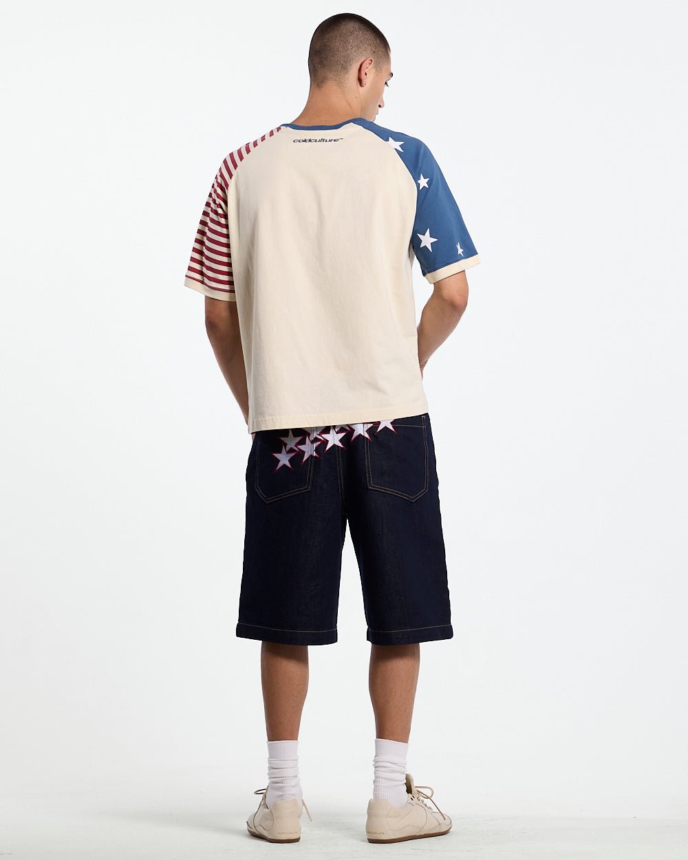 STARRY NIGHT TEE WHITE - white american flag tee, back view on male model - Cold Culture