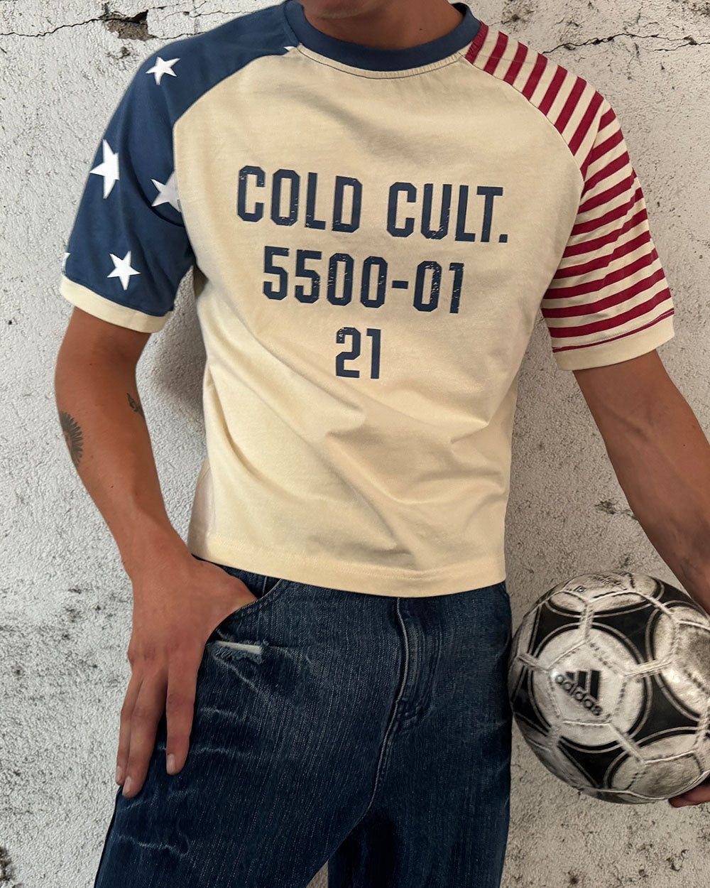 STARRY NIGHT TEE WHITE - white american flag tee, on model close-up - Cold Culture