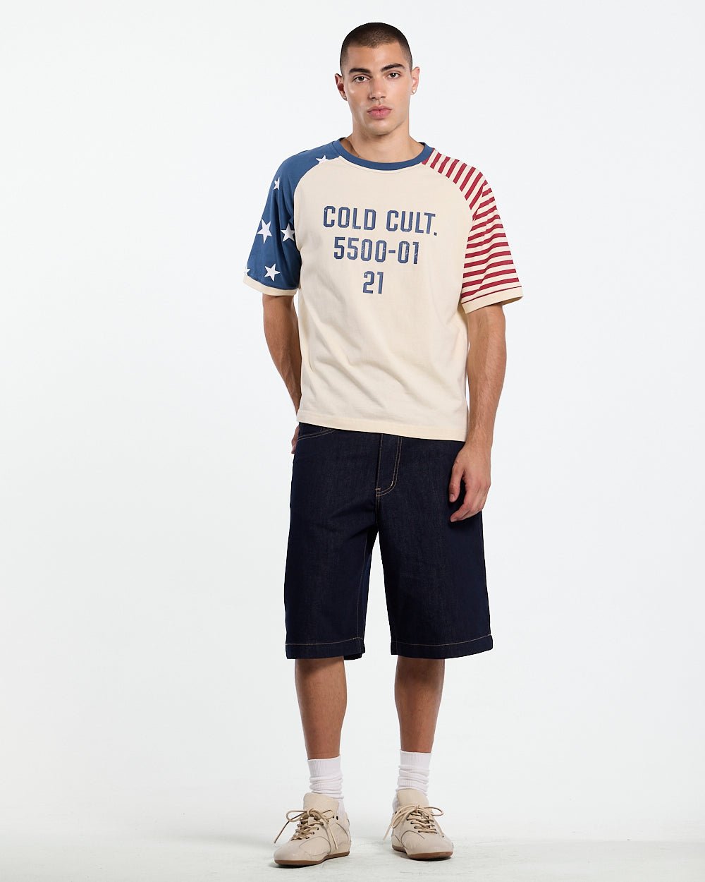 STARRY NIGHT TEE WHITE - white american flag tee, front view on male model - Cold Culture