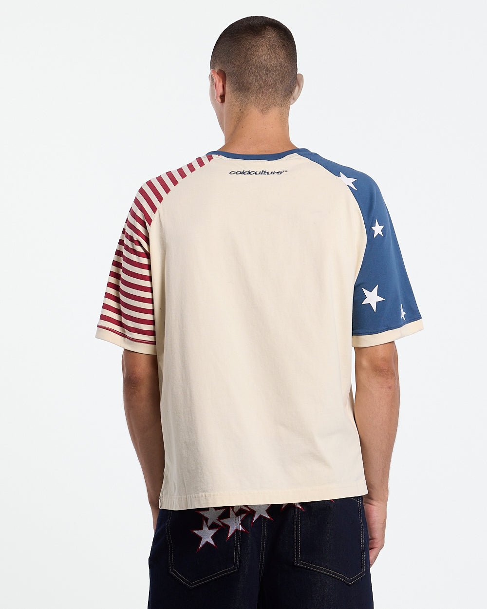 STARRY NIGHT TEE WHITE - white american flag tee, back view on male model - Cold Culture