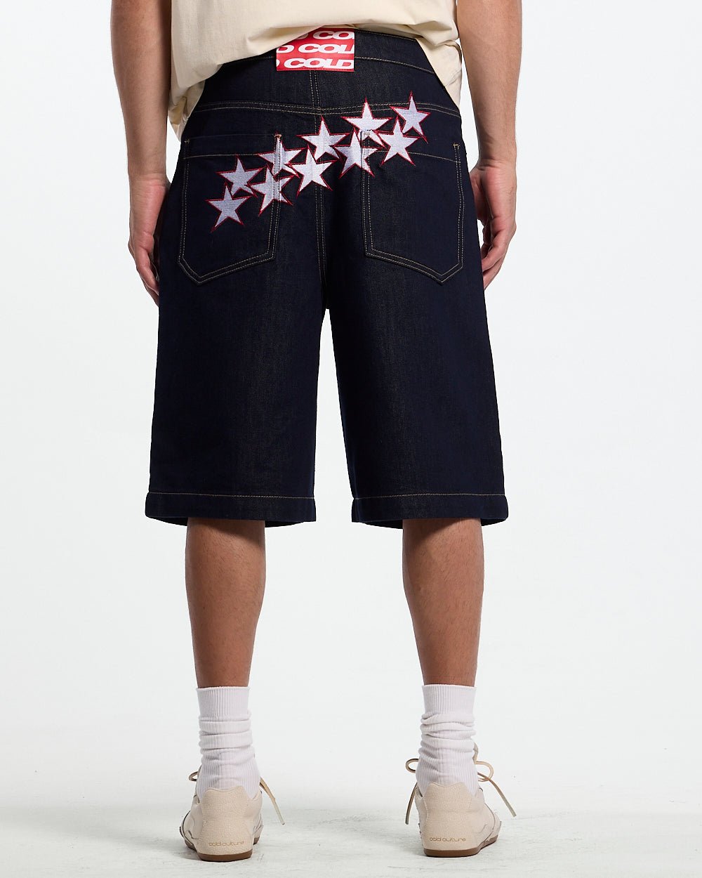 STARS V2 SHORTS RAW DENIM - baggy raw denim shorts, back view on male model - Cold Culture