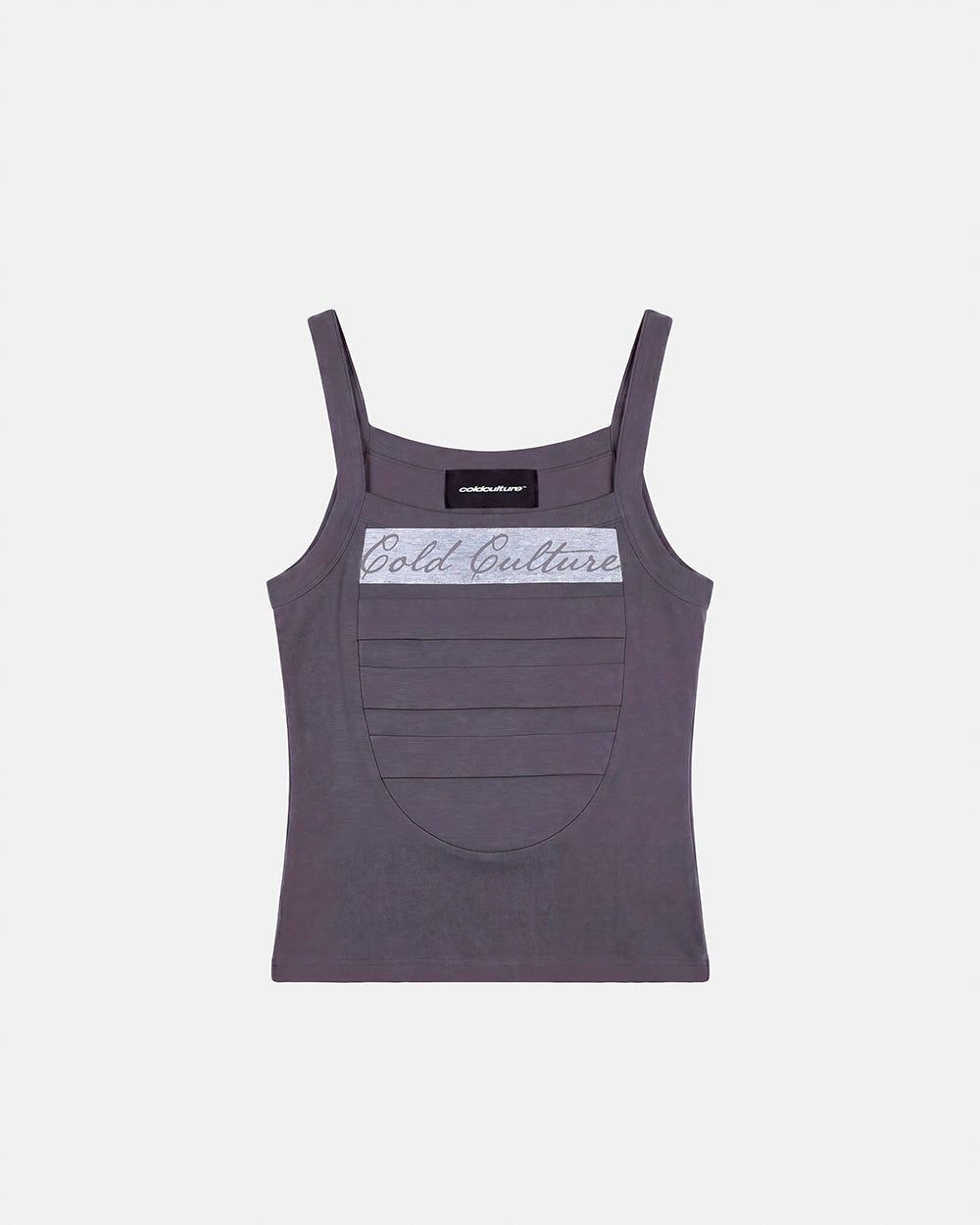 STRAPLINE TANK TOP DARK GREY - dark grey pleated tank top, front view - Cold Culture